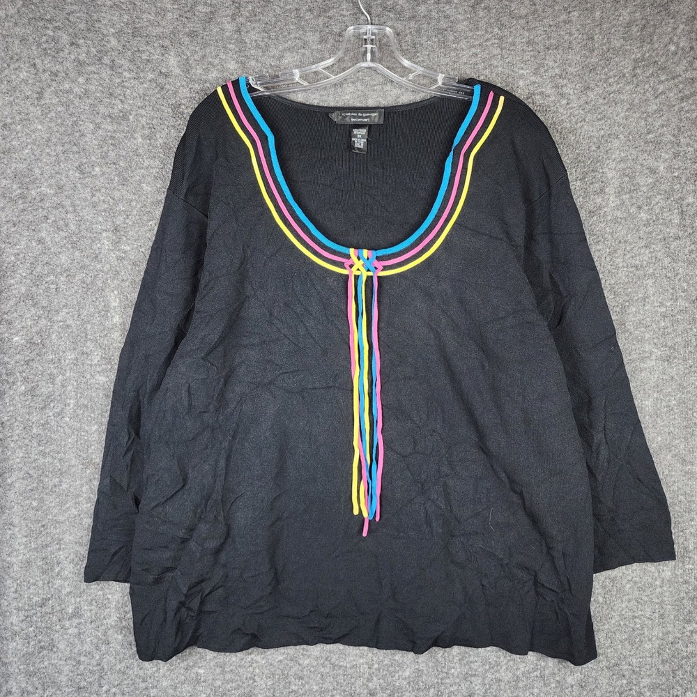 Cable & Gauge Knit Top Women 3X Black Multi-Color Trim Braided Tassel Scoop Neck
